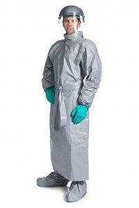 DUPONT TYCHEM 6000 GOWN WITH REAR CLOSURE KNITT DOUBLE CUFF SYSTEM MANDARIN COL GREY 25PCS/CTN