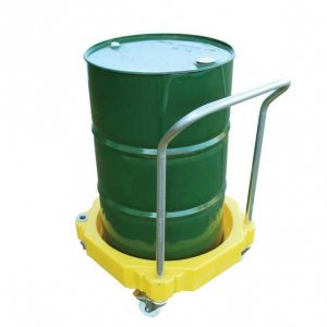 ROMOLD 4 WHEEL DRUM DOLLY WITH HANDLE, SUITABLE FOR 1 X 205LTR DRUM OR OTHER CONTAINERS, 30LTR BUND, YELLOW