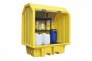 ROMOLD HARD COVERED BUND PALLET, 2 X 205LTR DRUMS, ALUMINIUM DOOR, 230LTR BUND WITH FREESTANDING SHELVING UNIT, YELLOW