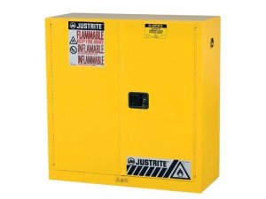 JUSTRITE 30 GAL SURE-GRIP EX YELLOW FLAMMABLE CABINET, MANUAL CLOSE, 2 DOOR, WITH PEDAL HANDLE