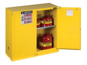 JUSTRITE 30 GAL SURE-GRIP EX YELLOW FLAMMABLE CABINET, SELF CLOSE, 2 DOOR, WITH PEDAL HANDLE