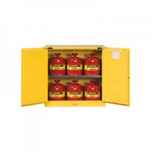JUSTRITE 8930208 30 GALLON 2 DOOR SELF CLOSE SAFETY CABINET WITH 6 SAFETY CANS, FM APPROVED