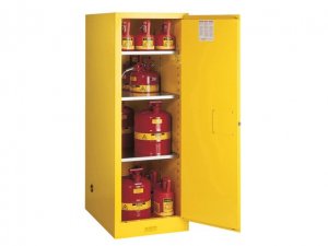 JUSTRITE 895400 54 GALLON FLAMMABLE CABINET, 1 DOOR MANUAL CLOSE, 3 SHELVES, SPACE SAVING SLIMLINE DESIGN