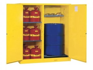 JUSTRITE 899260 115 GALLON FLAMMABLE LIQUID DRUM SAFETY CABINET WITH SELF-LATCHING FIRE PROTECTION