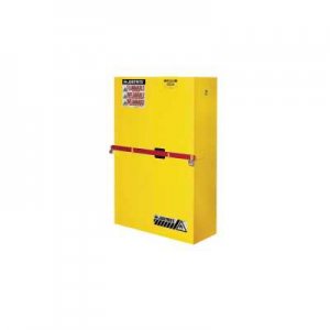 JUSTRITE HIGH SECURITY FLAMMABLES SAFETY CABINET WITH STEEL BAR, 45 GALLON, 2 MANUAL CLOSE DOORS, YELLOW