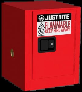 JUSTRITE SURE-GRIP EX COUNTERTOP FLAMMABLE SAFETY CABINET, 4 GALLON, 1 MANUAL CLOSE DOOR, RED