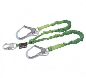 MILLER MANYARD II TWO-LEGGED STRETCHABLE SHOCK ABSORBING WEBBING LANYARD W/1 LOCKING SNAP HOOK & 2 LOCKING REBAR HOOKS