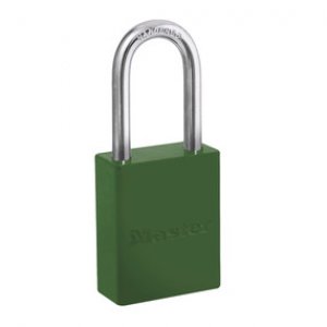 MASTER LOCK GREEN POWDER COATED ALUMINUM SAFETY PADLOCK, 1-1/2IN (38MM) WIDE WITH1-1/2IN (38MM) TALL SHACKLE, KEY RETAINING SAFETY EXCLUSIVE CYLINDER