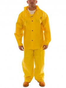 Tingley Durascrim 3-Piece Suit. Double coated PVC on polyester suit offers durability. Extremely high tear strength is the result of an open weave polyester scrim fabric being sandwiched betweent two layers of flame resistant PVC coating